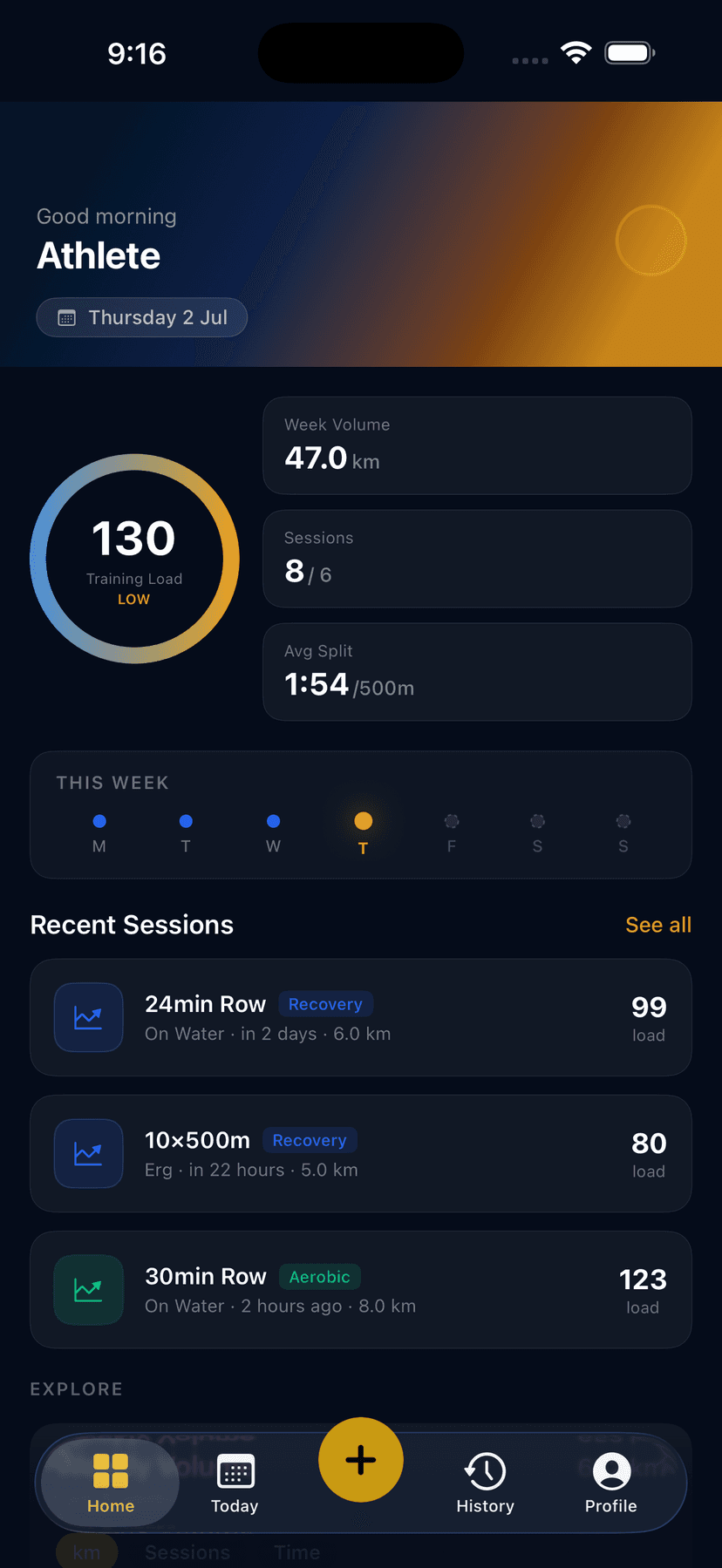 Quick Catch dashboard with training load